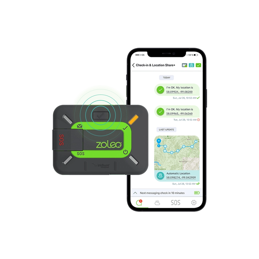 Zoleo personal satellite communicator and mobile app GPS location sharing and SOS messaging for remote areas.